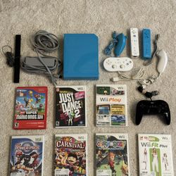 Blue Wii console bundle Mario Pro Controllers 7 games