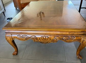 Ornate Carved Wood Coffee Table — Parquet Inlay, Cabriole Legs