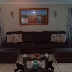 Brown Fabric Couch with Ottomans... 