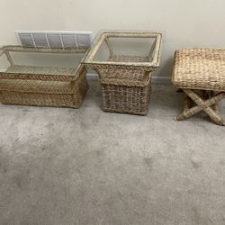  Glass Too Rattan Coffee Table, End Table and bench 