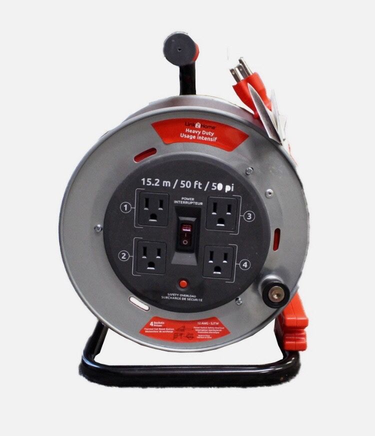 Link 2 Home Heavy Duty 50 Ft Extension Cord Reel with 4 Sockets (12AWG-SJTW)
