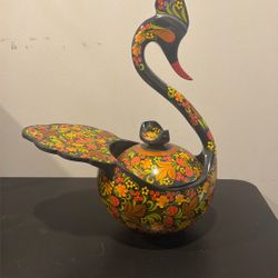 Original Russian Khokhloma Hand-Painted Wooden Swan  Authentic Vintage Folk Art