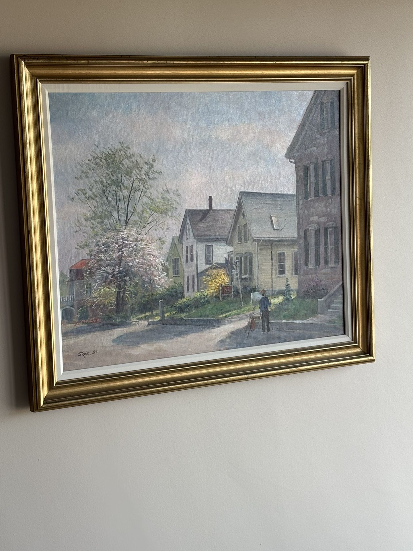 Stephen Gyer - Framed Suburban Street Scene Print – Signed & Dated 1987 – 18x24 Gold Frame