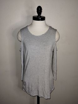 DEMOCRACY Women's Gray White Striped Cold Shoulder Blouse Size Large