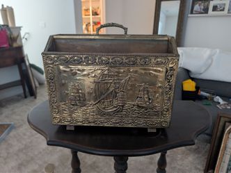 Vintage Embossed Brass & Wood Magazine Rack – Nautical Sailing Ship Scene