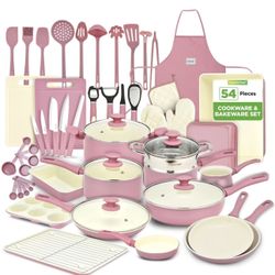 NutriChef 54-Pcs Home Kitchen Cookware High-Quality Ceramic (Blush Pink)