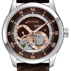 Bulova Brown Dial Sutton automatic Skeleton Watch with Rose Gold Accents Mens