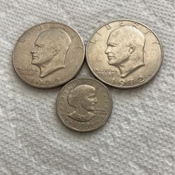 Two (2) 1972 Eisenhower Dollars and One (1) 1979 Susan B. Anthony Dollar