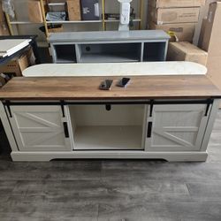 Assembled. 66" Farmhouse TV Stand for 75 Inches TVs, Entertainment Center with Sliding Barn Door and Adjustable Shelf & Feet, Console Table with Stora