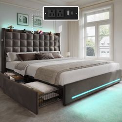 UPHOLSTERED BED FRAME KING SIZE WITH STORAGE DRAWERS AND LED LIGHTING BRAND NEW IN BOX!!!