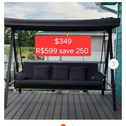 ✨️ PURPLE LEAF 3-Seat Daybed Outdoor Porch Patio Swing Adjustable Backrest, Gray w7835