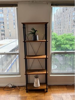 Solid wood and metal bookshelf