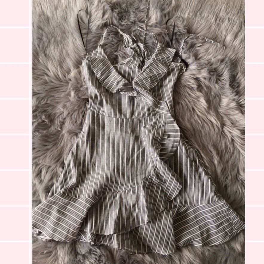 Grey&White Striped Wrap Dress