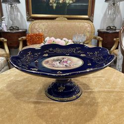 Beautiful Cobalt Porcelain Pedestal Platter with Gold Trim & Classical Scene🌷
