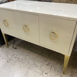 HOLLYWOOD REGENCY WHITE GOLD BRASS SIDE BOARD BUFFET CREDENZA CABINET DRESSER