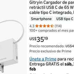Gitryin 65W Retractable USB C Wall Charger with Built-in Type C Cable, 2-in-1 Foldable Fast Charging Block, Travel Essential Compatible with Laptop, M
