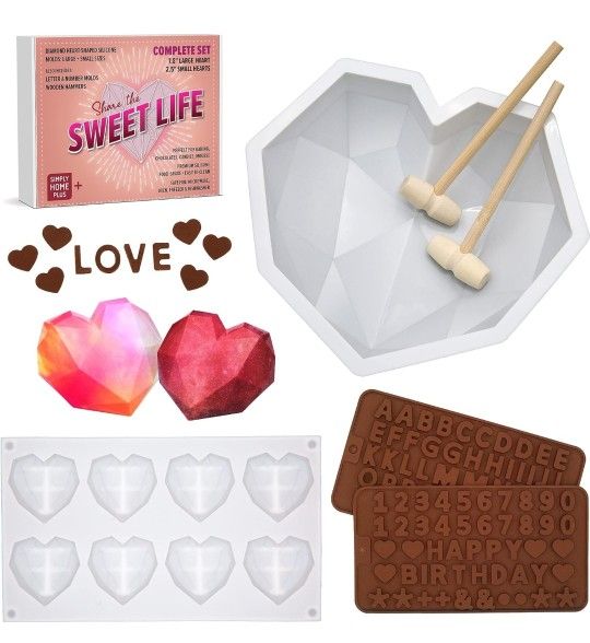 Heart Molds For Chocolate With Hammer - Silicone Heart Mold in Large and Small Sizes to Make Breakable Heart and Chocolate Bomb - Set Includes Wooden 