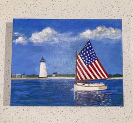 Artwork Custom Painting Ocean Boat Lighthouse Nautical Sea Summer Oil on Canvas