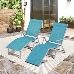 New Set of 2 Outdoor Chaise Lounge Aluminum Patio Folding Chairs,Blue