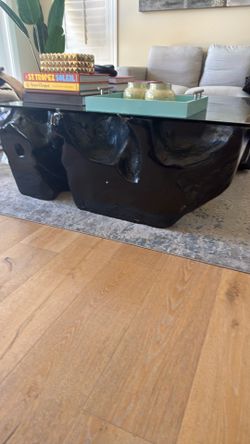 Z Gallerie Black Gloss Sculptural Coffee Table with Glass Top