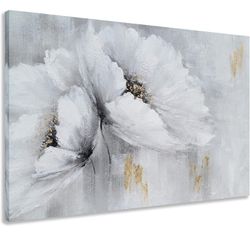 Grey and White Poppy Flower Canvas Wall Art - Hand Painted Floral Painting with Gold Foil - Abstract Magnolia Picture for Living Room Bedroom Bathroom