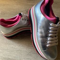 Prada Wmns Wave Platform Metallic Leather Sneakers 'Silver Begonia'