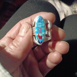 Micro Mosiac Ring Signed By Nez Family Turquoise