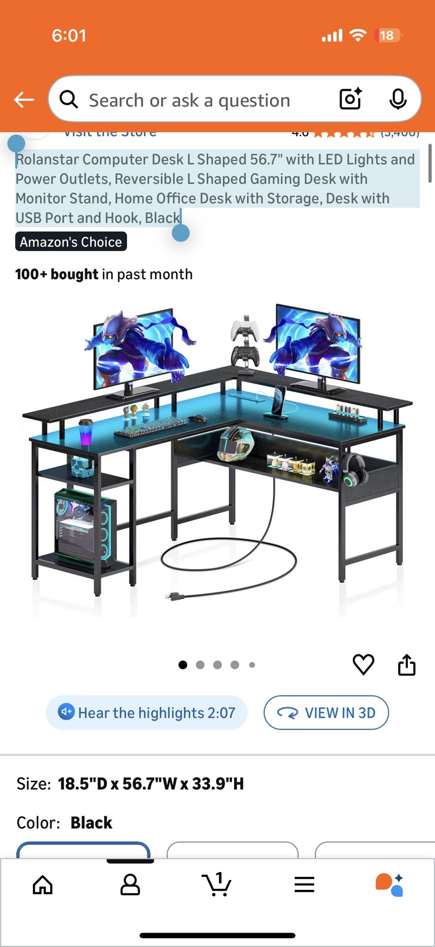 Rolanstar Computer Desk L Shaped 56.7" with LED Lights and Power Outlets, Reversible L Shaped Gaming Desk with Monitor Stand, Home Office Desk with St
