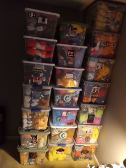 Large Lot of Stuffed Animals in Storage Bins