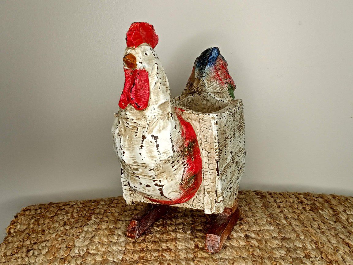 Farmhouse Rustic Carved Resin Rooster Plant Holder