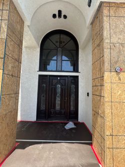 Solid Wood single Door with double Sidelights & Arched Transom – Baldwin Lock