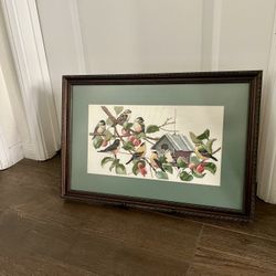 Framed Cross Stitch Bird & Birdhouse Artwork - Green Mat 14/20 inches 