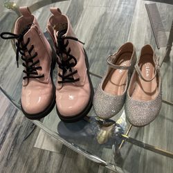 Size 2 Girls Pink Boots And Size 1 Flat Shoes
