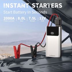 Car Battery Jump Starter, 2000A Jump Pack for Up to 8.0L Gas and 7.5L Diesel, 12V Jump Box Battery Booster with Smart Jumper Cables, 3 Modes Lighting 
