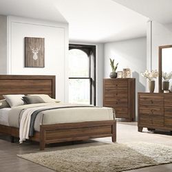 Queen Rustic Brown 4pc Bedroom Set Bed Dresser Mirror Nightstand 