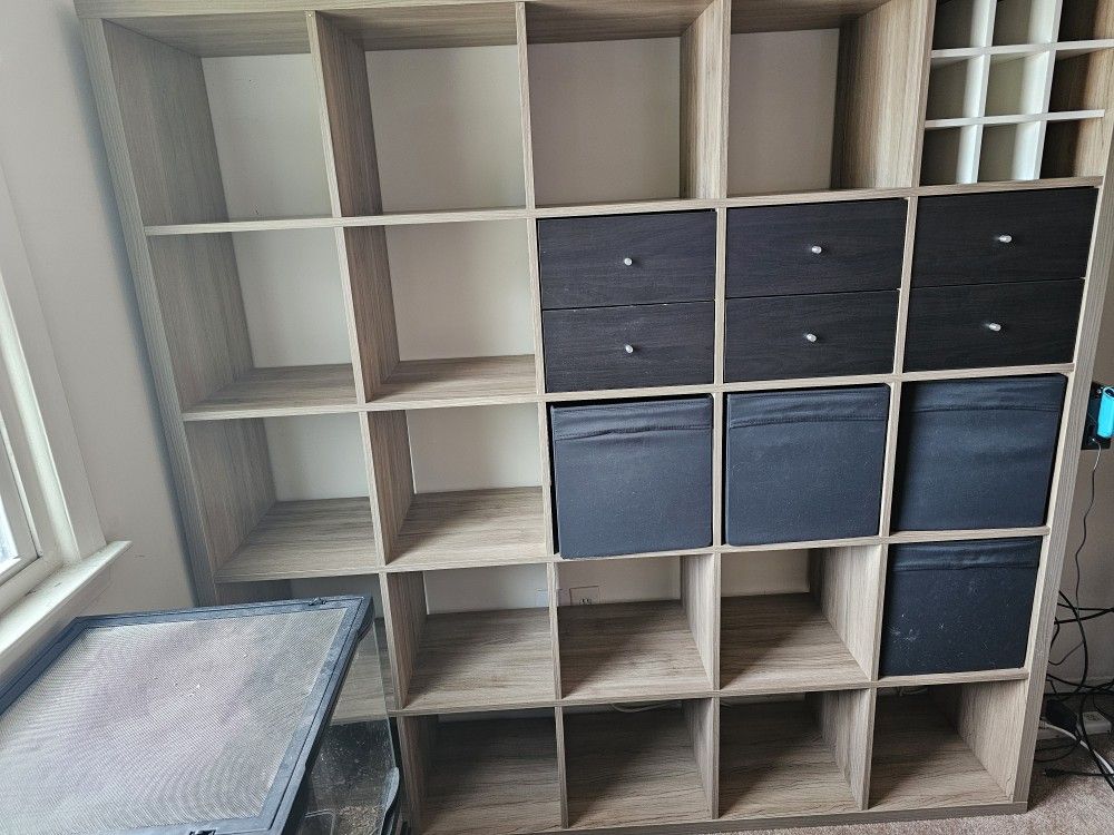 IKEA Kallax Shelf Unit – 5x5 Grid with Bins, Drawers & Wine Insert