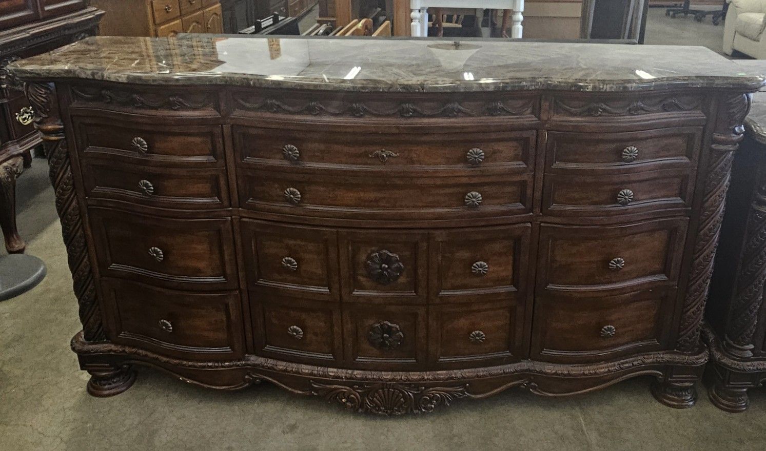 Marble Top 9 Drawer Dresser With Ornate Wood Carvings