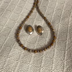 16” Silver And Taupe Color Bead Necklace And Matching Earrings 