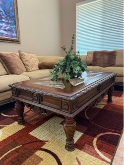 Solid Wood Coffee Table with Marble Inlay