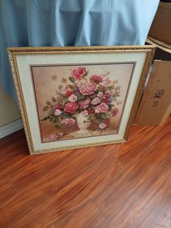 Large Vintage Framed Floral Art – Ornate Gold Finish & Faux-Crackle Frame