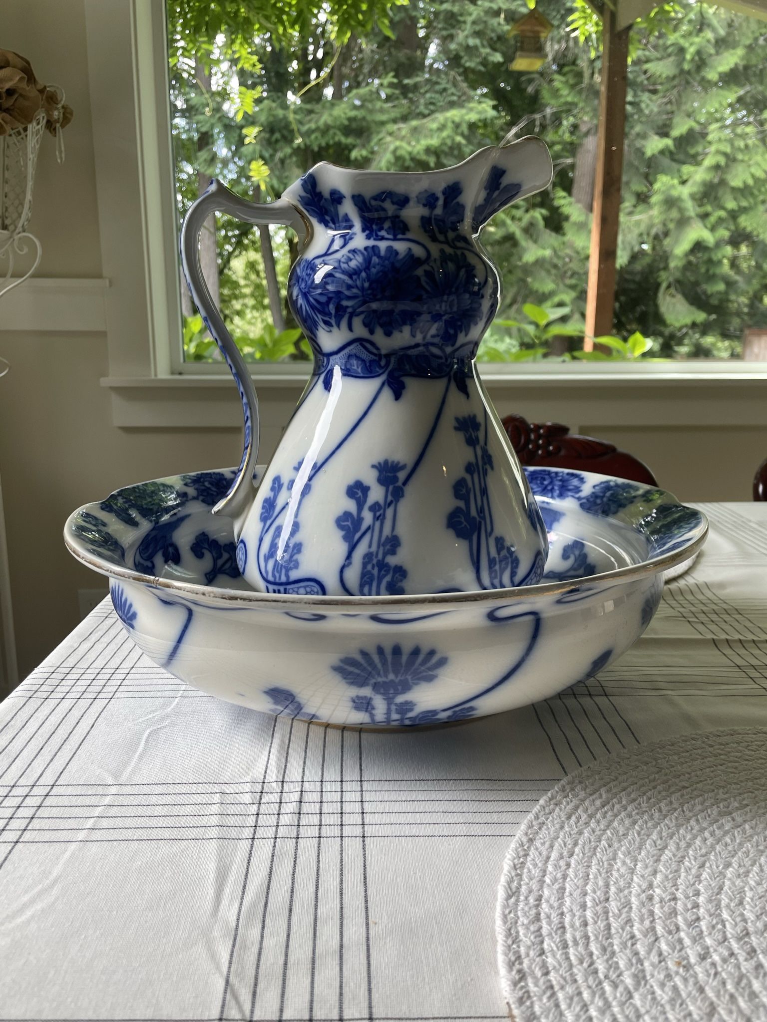 Large Blue and White Middleport Pitcher And Wash Basin