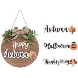 Halloween Wreath Interchangeable Happy Sign Front Door Decorations, Seasonal Rustic Round Wood Wreaths Fall Wall Hanging Decor, for Home Porch Indoor/