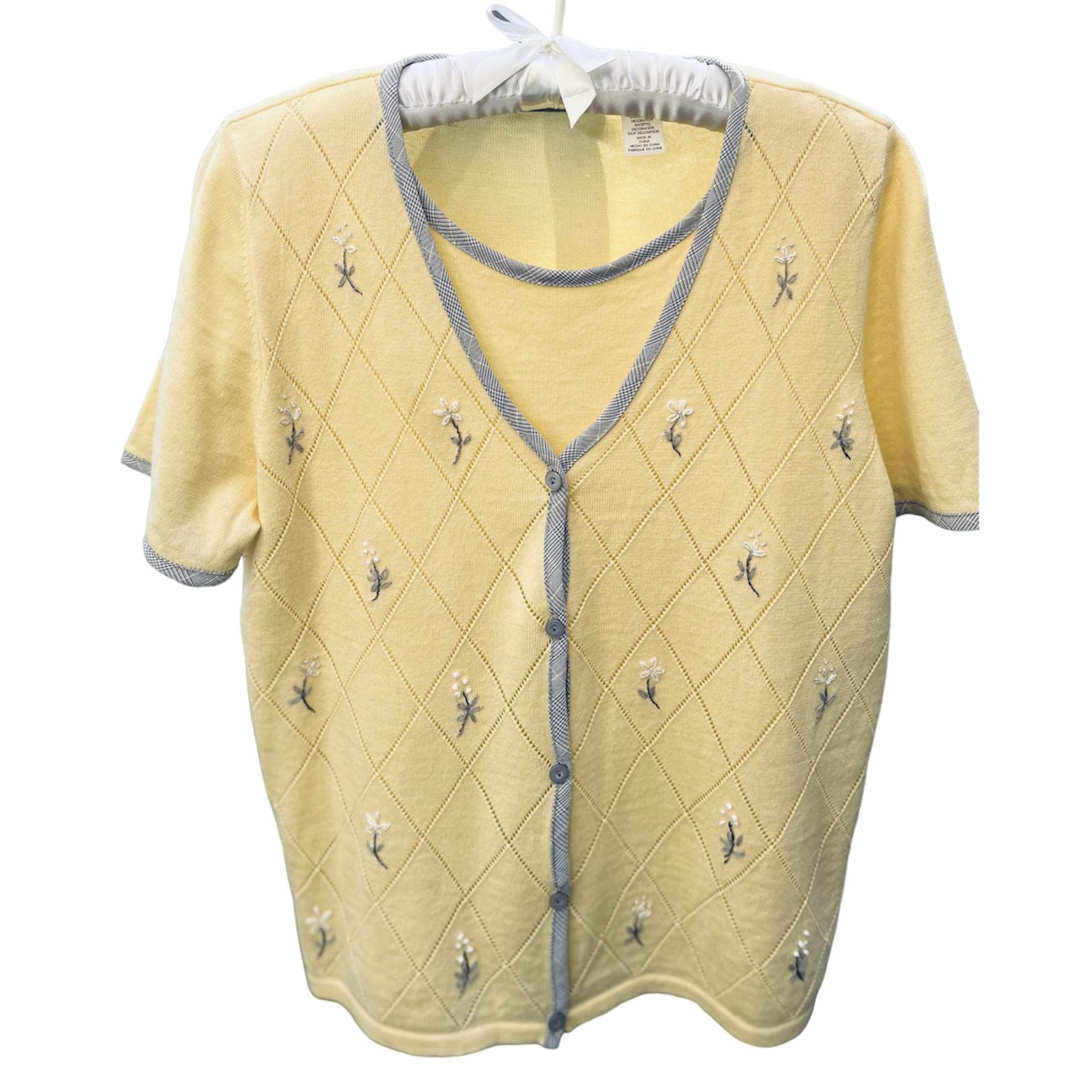 Alfred Dunner Cardigan Top Buttercup Yellow Embroidered Coastal Granny Petite L