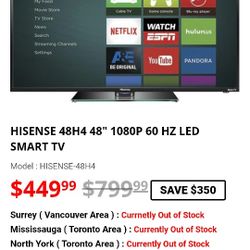 HISENSE 48" LED LCD 1080 HP SMART T.V.