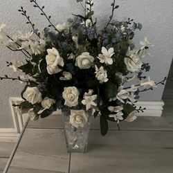 Artificial Flowers In Glass Vase With Large Crystals 