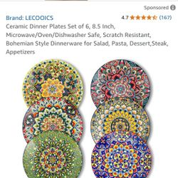 LECOOICS Ceramic Dinner Plates Set of 6, 8.5 Inch, Microwave/Oven/Dishwasher Safe, Scratch Resistant, Bohemian Style Dinnerware for Salad, Pasta, Dess