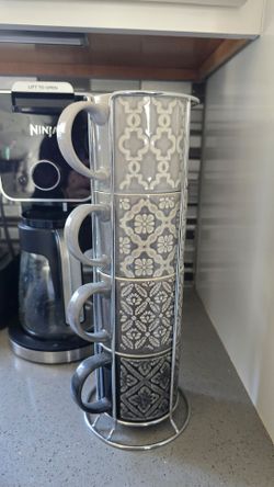 Stacking Ceramic Mug Set with Chrome Rack