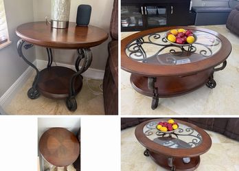Matching Coffee Table & End Table Set – Wood, Glass & Decorative Metal