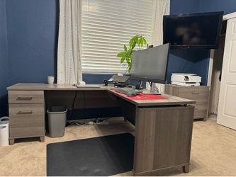 Busch Somerset Lshape sit stand desk and file cabinet