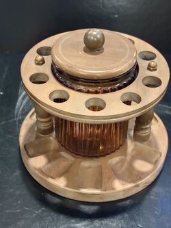 Vintage 10 Pipe Wood Stand Amber Glass Tobacco Humidor Jar In great shape.